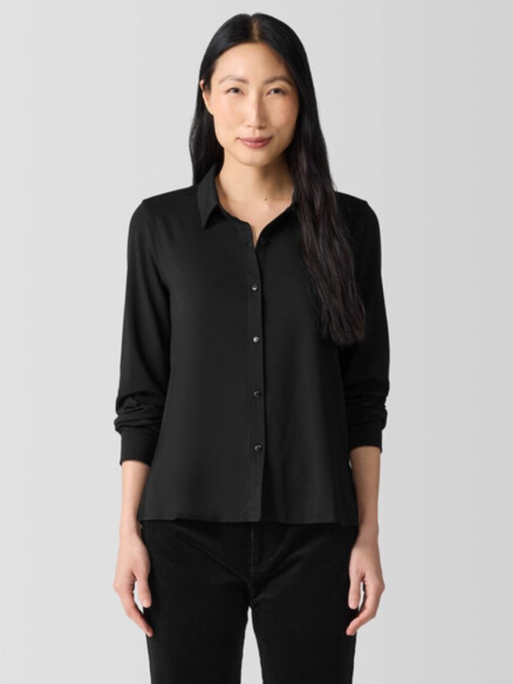 Eileen Fisher Organic Cotton Jersey Long Sleeve Button Down Shirt Black Size M
